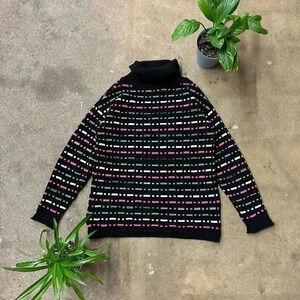 Vintage Textured 3D  Print Striped Turtleneck Sweater Medium